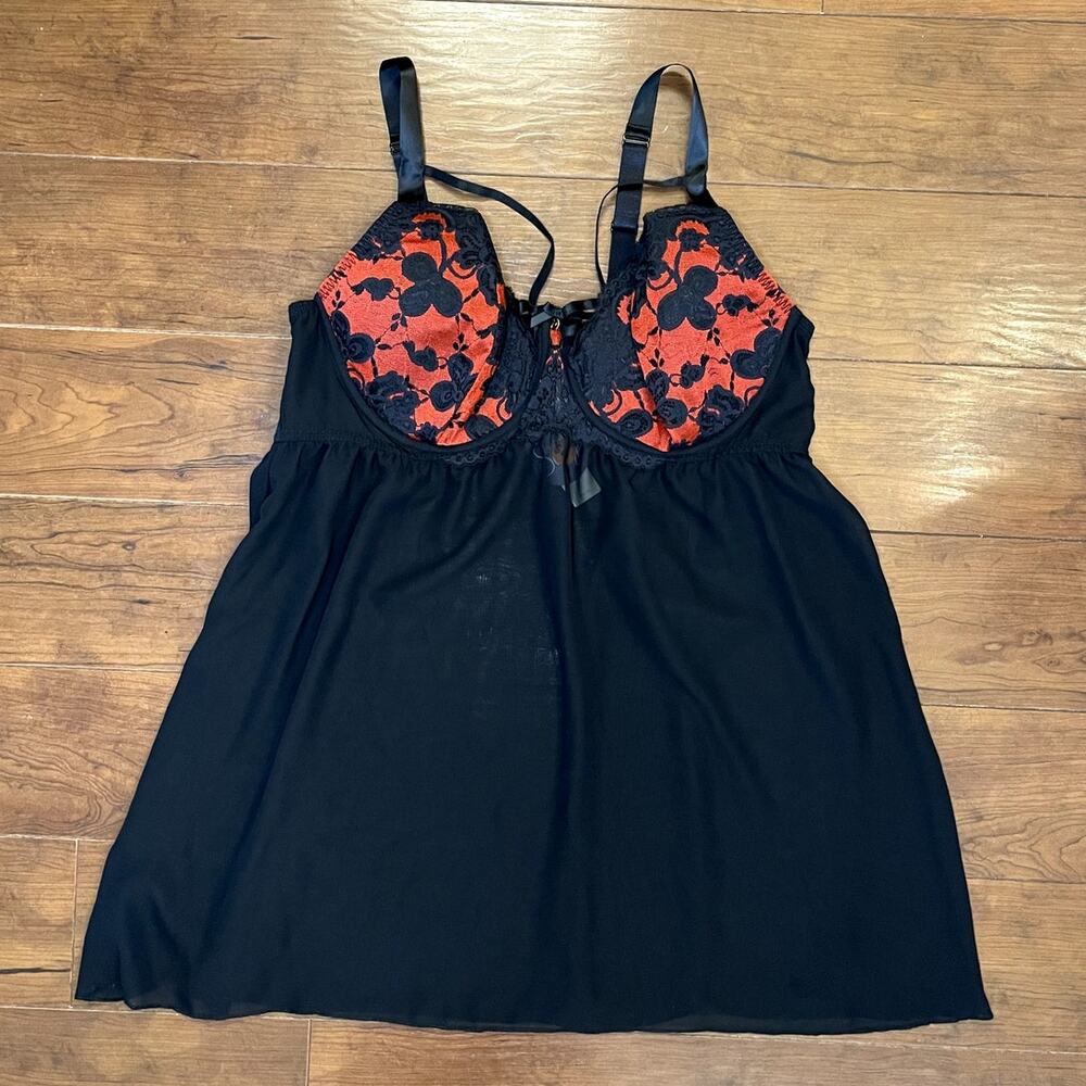 NWT Cacique Babydoll Lingerie 42DD Black Red Lace Sheer Underwire Chemise